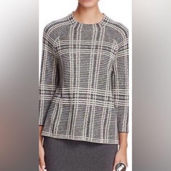 Eileen Fisher gray/cream plaid 3/4 length sleeves sweater. Tencel/merino wool. - Picture 1 of 4